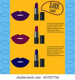 Lipstick infographic in three dark shades. Vector illustration, eps 10. Realistic lipstick and lips set on yellow and blue background with text. Stickers, icons, logotype, magazines design.