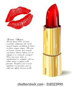 Lipstick isolated with lips trace on white background. Vector illustration. Pomade icon. EPS