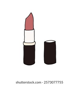 Lipstick isolated on white background. Black and white outline doodle illustration of makeup item, colored inside.