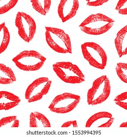 Lipstick kiss. Joyful design. Lips traces isolated on white background. Imprint real female lips. Vector seamless pattern. Fashion makeup. Endless lips prints. Romantic kisses. Repeating texture mouth