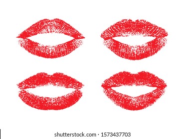 Lipstick kiss. Lips traces isolated on white background. Set women lips. Prints red kisses. Fashion makeup. Texture mouth. Imprint real female lips. Beauty collection pomade for romantic design love