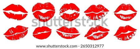 Lipstick kiss mark collection. Red lip prints and romantic symbols for Valentine's Day, beauty themes, or cosmetic design. Vector illustrations.