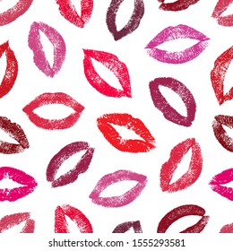 Lipstick kiss. Nice seamless pattern. Joyful design. Lips traces isolated on white background. Imprint real female lips. Fashion makeup. Endless lips prints. Romantic kisses. Repeating texture mouth 