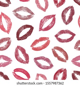 Lipstick kiss. Nice seamless pattern. Joyful design. Lips traces isolated on white background. Imprint real female lips. Fashion makeup. Endless lips prints. Romantic kisses. Repeating texture mouth 