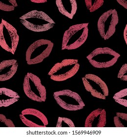 Lipstick kiss. Nice seamless pattern. Lips traces isolated on white background. Joyful design. Imprint real female lips. Fashion makeup. Endless lips prints. Romantic kisses. Repeating texture mouth 
