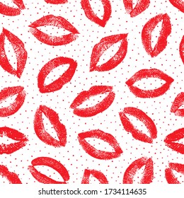 Lipstick kiss. Nice seamless pattern. Joyful design. Lips traces isolated on white background. Imprint real female lips. Fashion makeup. Endless lips prints. Romantic kisses. Repeating texture mouth