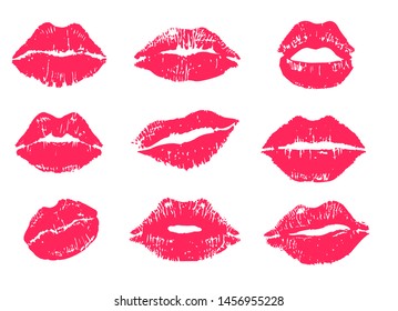 Lipstick kiss print isolated vector set. red vector lips set. Different shapes of female sexy pink lips. Sexy lips makeup, kiss mouth. Female mouth. Print of lips kiss vector background. 