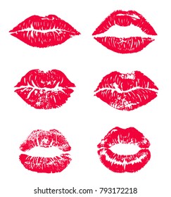Lipstick kiss print isolated vector set. red vector lips set. Different shapes of female sexy red lips. Sexy lips makeup, kiss mouth. Female mouth. Print of lips kiss vector background.