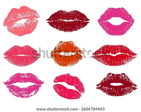 Lipstick kiss print isolated vector set. red vector lips set. Different shapes of female sexy pink and red lips. Sexy lips makeup, kiss mouth. Female mouth. Print of lips kiss vector background. 