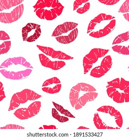 Lipstick Kiss Seamless Pattern. Makeup Lips Symbols, Red And Pink Kisses Silhouettes, Valentines Day Background, Beauty And Cosmetics Texture Decor Textile, Wrapping Paper Wallpaper Vector Print