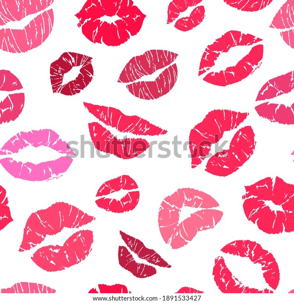 Lipstick kiss seamless pattern. Makeup lips\
symbols, red and pink kisses silhouettes, valentines day\
background, beauty and cosmetics texture decor textile, wrapping\
paper wallpaper vector\
print