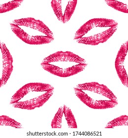 Lipstick kiss. Seamless pattern mouth. Red lips. Mark kisses background. Smooch imprint. Kissing girl. Female kiss. Background for design fabric, wallpapers, prints. Swatch makeup. Vector illustration