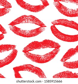 Lipstick kisses. Imprint female lips. Lips traces. Joyful design. Seamless pattern fashion makeup. Romantic kisses. Repeating texture mouth. Endless nice background for design fabric, wrapping, prints