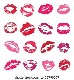 Lipstick kisses. Isolated red female kiss, grunge elements design. Woman lips stamps, romantic love relationships elements, neoteric vector set