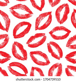 Lipstick kisses. Joyful design. Romantic kisses. Lips traces isolated on white background. Imprint real female lips. Nice seamless pattern. Fashion makeup. Endless lips prints. Repeating texture mouth