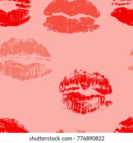 Lipstick kisses seamless pattern. Red lips prints. Romantic background. Vector illustration.