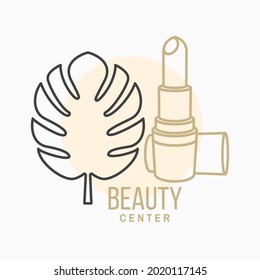 Lipstick with leaf logo, label, badge, sign, emblem, beauty center. For cosmetics, jewellery, beauty and handmade products, tattoo studios. Linear trendy style. Vector illustration. Thin line icon