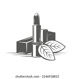 Lipstick and leaves isolated on white background. Cosmetic concept. Vector illustration