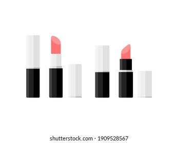 Color rosa claro del lápiz labial. Ilustración plana vectorial. Palo de labios mate. Elaborar productos cosméticos. Palo de labios en el embalaje negro y gris sobre fondo blanco.