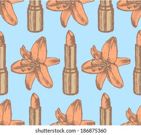 Lipstick and lily sketch, vector retro background