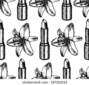 Lipstick and lily sketch, vector retro background
