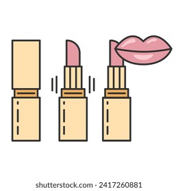 Lipstick line art icon set.Closed, Opened Lipstick Package and with mouth.Lips makeup and cosmetology vector icon.Editable vector illustration eps10. 