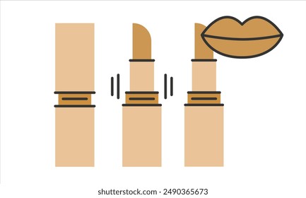 Lipstick line art icon set.Closed, Opened Lipstick Package and with mouth.Lips makeup and cosmetology vector icon.Editable vector illustration eps10. 