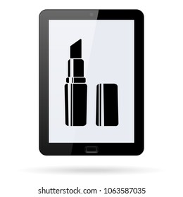 Lipstick line vector icon on a realistic tablet. Flat design style.