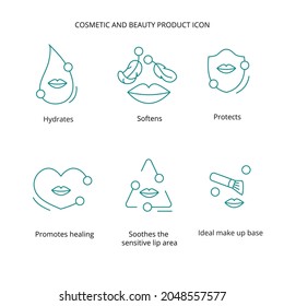 Lipstick, lip cream, mask cosmetic and beauty product icon set for web, packaging design. Vector stock illustration isolated on white background.