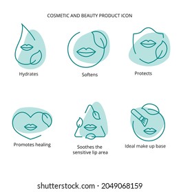 Lipstick, lip cream, mask cosmetic and beauty product icon set for web, packaging design. Vector stock illustration isolated on white background.