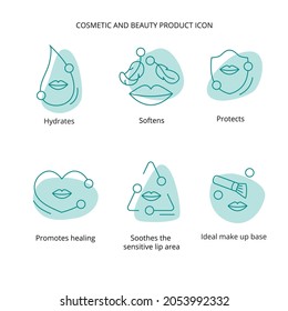 Lipstick, lip cream, mask cosmetic and beauty product icon set for web, packaging design. Vector stock illustration isolated on white background.