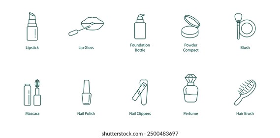 Lipstick, Lip Gloss, Foundation Bottle, Powder Compact, Blush, Mascara Vector Icon Set