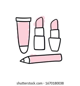 
Lipstick, lip gloss, lip liner. Korean cosmetics. Doodles. Vector cartoon style