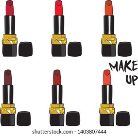 lipstick and lip gloss make up set, Hand drawn cosmetics set. Make up, brush - Fashion illustration vector object isolated on white background