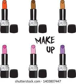 lipstick and lip gloss make up set, Hand drawn cosmetics set. Make up, brush - Fashion illustration vector object isolated on white background