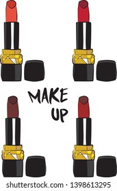 lipstick and lip gloss makeup, Hand drawn cosmetics set. Make up, brush - Fashion illustration vector object isolated on white background
