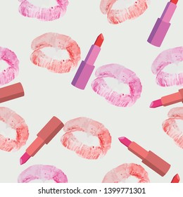 Lipstick and lip prints seamless pattern. Vector illustration.