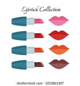 Lipstick and lips in different color. Makeup collection. Vector illustration in cartoon flat style.