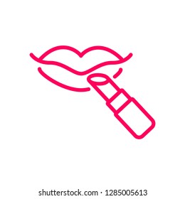 Lipstick with lips flat line icon. Beauty care sign, illustration of makeup. Thin linear logo for cosmetics store.