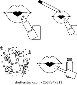 Lipstick lips makeup composition set. Vector graphic line illustration. Black and white cute cosmetic makeup art. for package, vacation design, fabric and textile.
