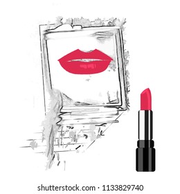 Lipstick and lips in the mirror, vector illustration.