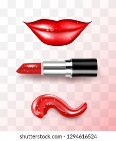 Lipstick and lips realistic vector 3d illustration. Woman Mouth for Cosmetic and Beauty Industry Advertising