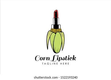 lipstick logo template with combination of a corn and lipstick for natural lip balm, lip gloss, salon or makeup artist logo