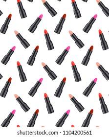 Lipstick make up seamless color pattern.  Realistic object, beauty cosmetic product. vector illustration background