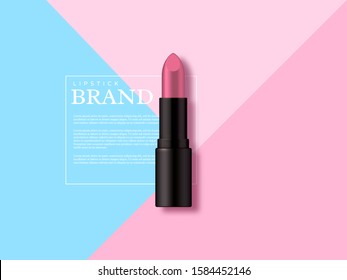 Lipstick makeup ad, cosmetics beauty product. Geometric flat lay in pastel colors, top view. Minimalist vector template for advertisement.