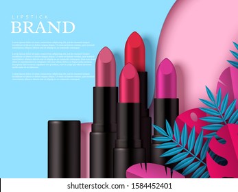 Lipstick makeup ad, cosmetics beauty product. Decorated tropical leaves. Flat lay in pastel colors. Vector template for advertisement.