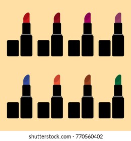 Lipstick makeup vector icon set, various colors, red, orange, blue, green and others