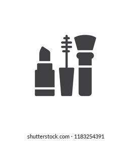 Lipstick mascara and brush vector icon. filled flat sign for mobile concept and web design. Makeup set simple solid icon. Symbol, logo illustration. Pixel perfect vector graphics