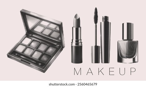 lipstick, mascara, nail polish and eyeshadow palette, retro halftone style illustration