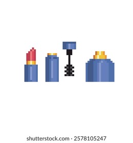 Lipstick, mascara, perfume pixel art icons set. Design for logo, web, mobile app, sticker, badges and patches. Video game sprite. 8-bit. Isolated vector illustration.